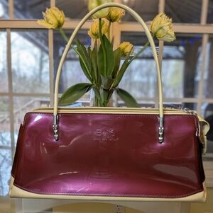 Beijo Burgundy Patent Leather and Tan Hand Bag